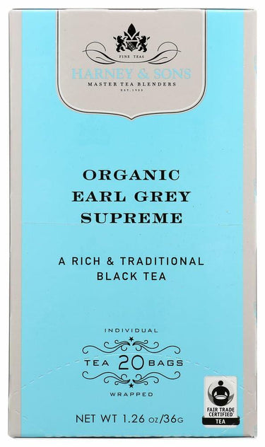Harney & Sons Premium Tea, Organic Earl Grey Supreme Black Tea, Individually Wrapped Tea Bags, 20/box